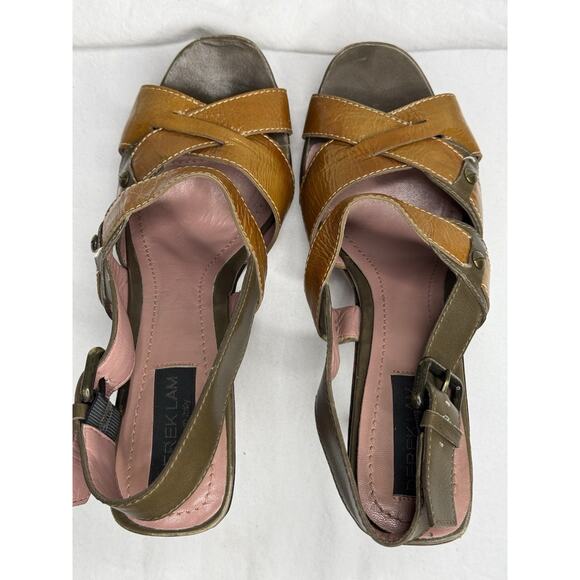 Derek Lam Orange Brown Patent Leather Slingback Platform Wooden Heel Sandals 8.5 - Picture 6 of 11